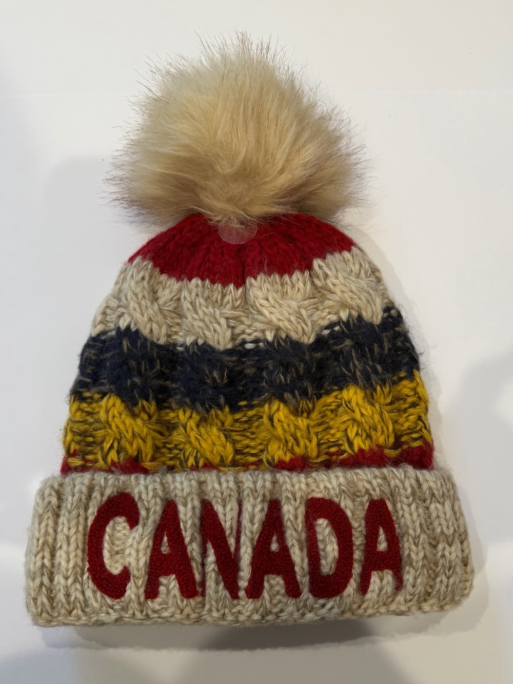 Kids Knit Pom Beanie Hat in Red, Cream, Mustard & Navy